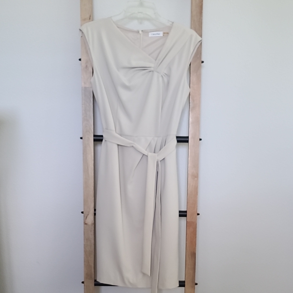 Calvin Klein Sleeveless Asymmetrical Cream Dress